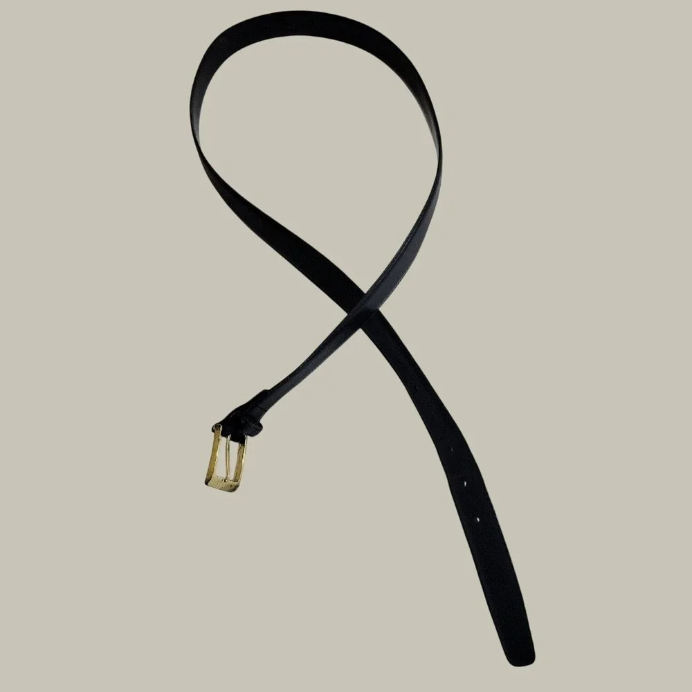 Italian Leather Belt Classic Minimalist Professional Gold Buckle Dress Black 42